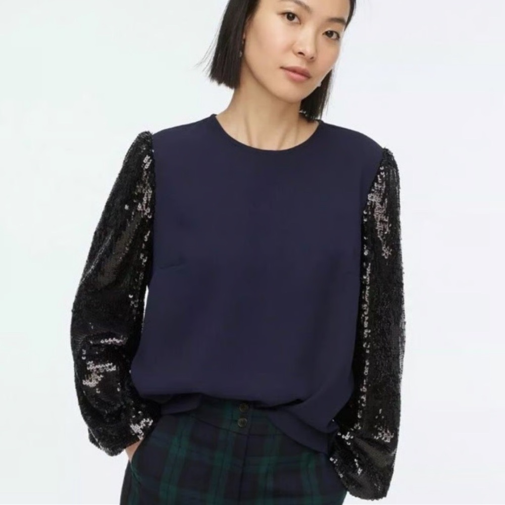 J. Crew Navy Blue Top with Black Sequined Sleeves
